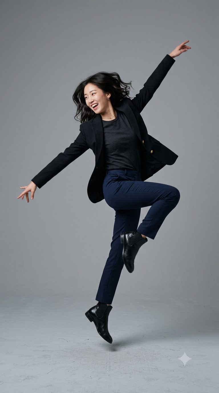 A high-fashion yet casual editorial shot of a stylish woman wearing a relaxed, modern outfit like an oversized premium knit sweater and well-tailored denim. Minimalist architectural background, soft natural lighting, premium fashion magazine aesthetic, Aura Editorial style, neutral tones.